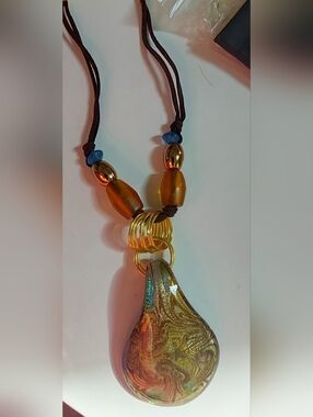 Glass Teardrop Pendant Necklace in Gold and Brown